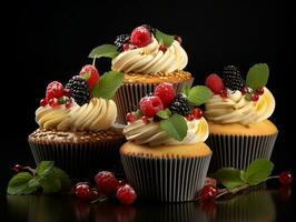 Set of cupcakes with berries and mint on a dark background AI Generative photo