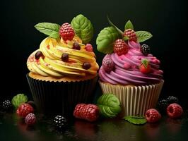 Set of cupcakes with berries and mint on a dark background AI Generative photo