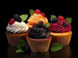 Set of cupcakes with berries and mint on a dark background AI Generative photo