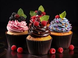 Set of cupcakes with berries and mint on a dark background AI Generative photo