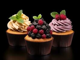 Set of cupcakes with berries and mint on a dark background AI Generative photo