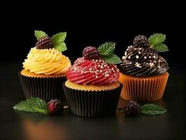 Set of cupcakes with berries and mint on a dark background AI Generative photo