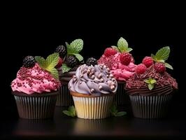 Set of cupcakes with berries and mint on a dark background AI Generative photo