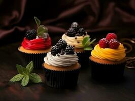 Set of cupcakes with berries and mint on a dark background AI Generative photo