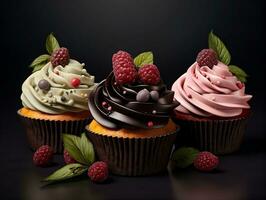 Set of cupcakes with berries and mint on a dark background AI Generative photo