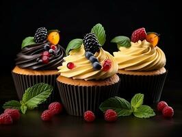 Set of cupcakes with berries and mint on a dark background AI Generative photo