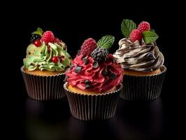 Set of cupcakes with berries and mint on a dark background AI Generative photo