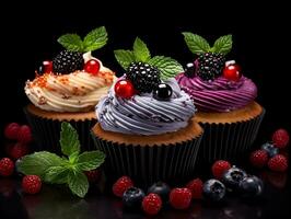 Set of cupcakes with berries and mint on a dark background AI Generative photo