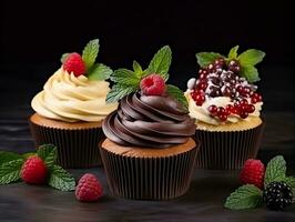 Set of cupcakes with berries and mint on a dark background AI Generative photo
