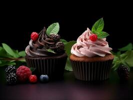 Set of cupcakes with berries and mint on a dark background AI Generative photo