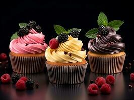 Set of cupcakes with berries and mint on a dark background AI Generative photo