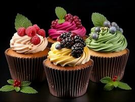 Set of cupcakes with berries and mint on a dark background AI Generative photo