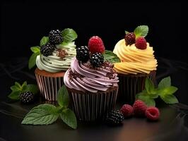 Set of cupcakes with berries and mint on a dark background AI Generative photo