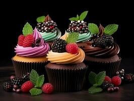 Set of cupcakes with berries and mint on a dark background AI Generative photo