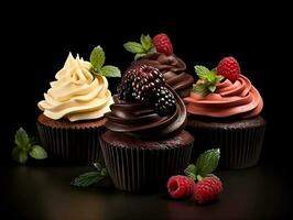 Set of cupcakes with berries and mint on a dark background AI Generative photo
