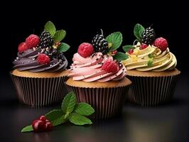 Set of cupcakes with berries and mint on a dark background AI Generative photo