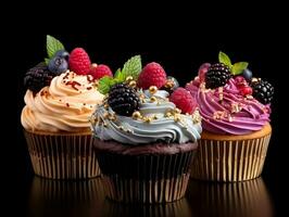 Set of cupcakes with berries and mint on a dark background AI Generative photo