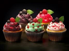 Set of cupcakes with berries and mint on a dark background AI Generative photo