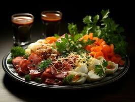 Chicken leg noodles on a plate with vegetables and meat AI Generative photo