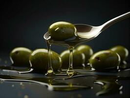 Olives with spilling oil by spoon AI Generative photo