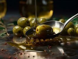 Olives with spilling oil by spoon AI Generative photo