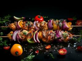 A la parrilla pollo en palos con pimientos y cebollas terminado blanco antecedentes ai generativo foto