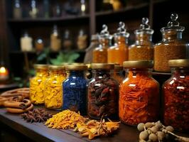 Shop is filled with many different spices AI Generative photo