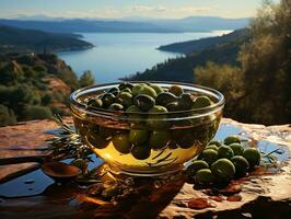 Olives with spilling oil by spoon AI Generative photo