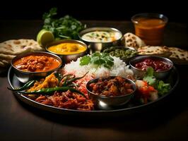 Indian cuisine thali on a table with different Indian foods AI Generative photo