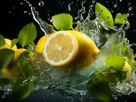 limón rebanada salpicaduras fuera agua con menta hojas ai generativo foto