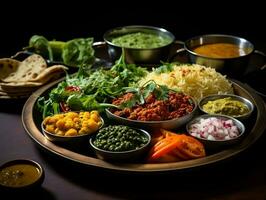 Indian cuisine thali on a table with different Indian foods AI Generative photo