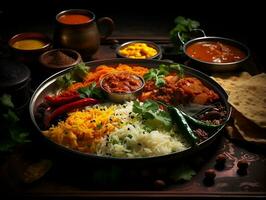 Indian cuisine thali on a table with different Indian foods AI Generative photo