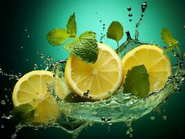 Lemon slice splashing out water with mint leaves AI Generative photo