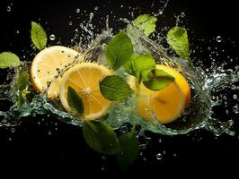 limón rebanada salpicaduras fuera agua con menta hojas ai generativo foto