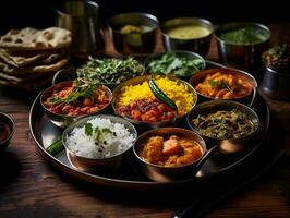Indian cuisine thali on a table with different Indian foods AI Generative photo