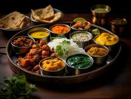 Indian cuisine thali on a table with different Indian foods AI Generative photo