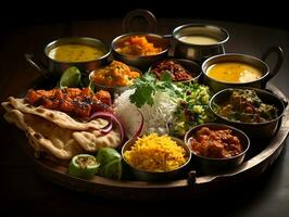 indio cocina thali en un mesa con diferente indio comidas ai generativo foto