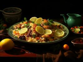 Plate of chicken biryani on a table with lemon AI Generative photo