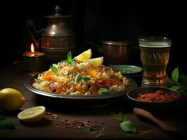 Plate of chicken biryani on a table with lemon AI Generative photo