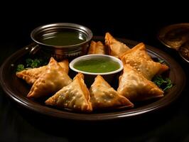 Samosas on a plate with sauce AI Generative photo