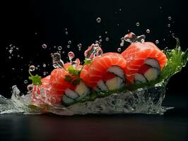 Sushi salmon with water splash AI Generative photo