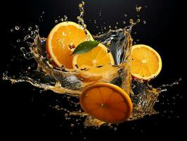 Cut orange with water splash on a black background AI Generative photo