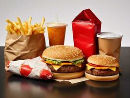 Packaging hamburger with fries and ketchup AI Generative photo