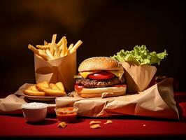 embalaje hamburguesa con papas fritas y salsa de tomate ai generativo foto