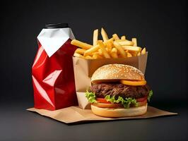 embalaje hamburguesa con papas fritas y salsa de tomate ai generativo foto