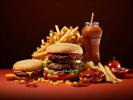 embalaje hamburguesa con papas fritas y salsa de tomate ai generativo foto