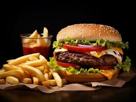 embalaje hamburguesa con papas fritas y salsa de tomate ai generativo foto