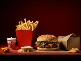 embalaje hamburguesa con papas fritas y salsa de tomate ai generativo foto