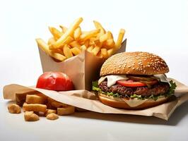 embalaje hamburguesa con papas fritas y salsa de tomate ai generativo foto