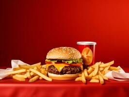 Hamburger with fries and ketchup on isolated background AI Generative photo